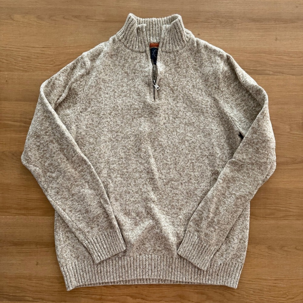 Even Tide Mens Quarter Zip Marled Knit Sweater Tan Cream‎ Large Pullover